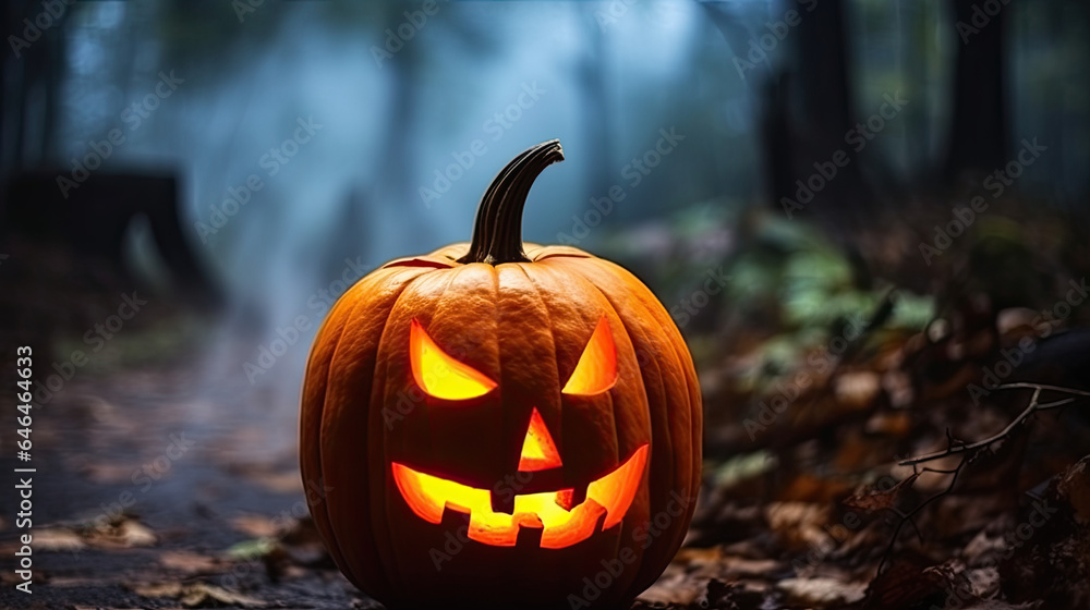 Scary halloween pumpkin in the dark forest at night. Scary halloween pumpkin in the dark forest at night.