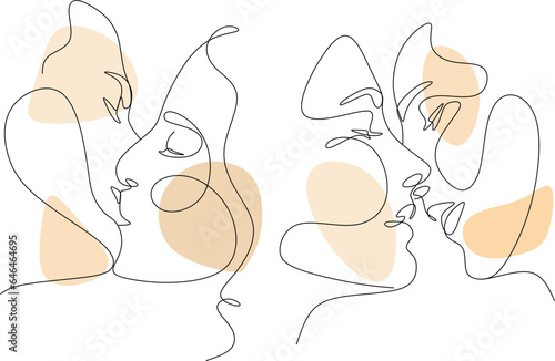 Couple Faces One Line Drawing. Couple Kissing Creative Contemporary Abstract Line Drawing. Woman and Man Modern Vector Minimalist Design for Wall Art, Print, Card, Poster.