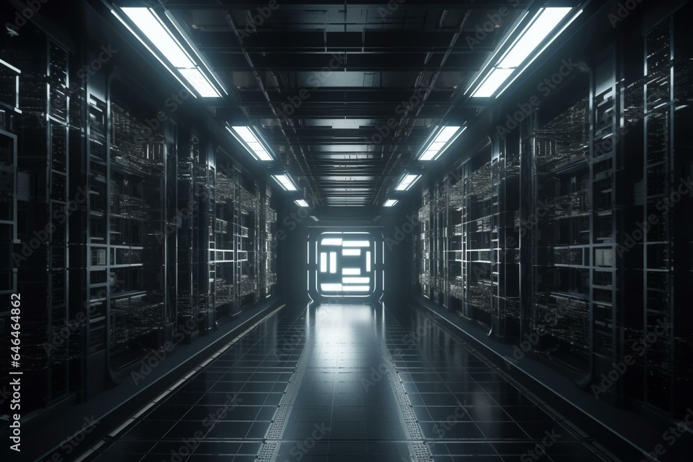 Sci-fi metal entrance hall with a 3D rendering of a metal corridor grating, creating a futuristic wallpaper background scene. Generative AI
