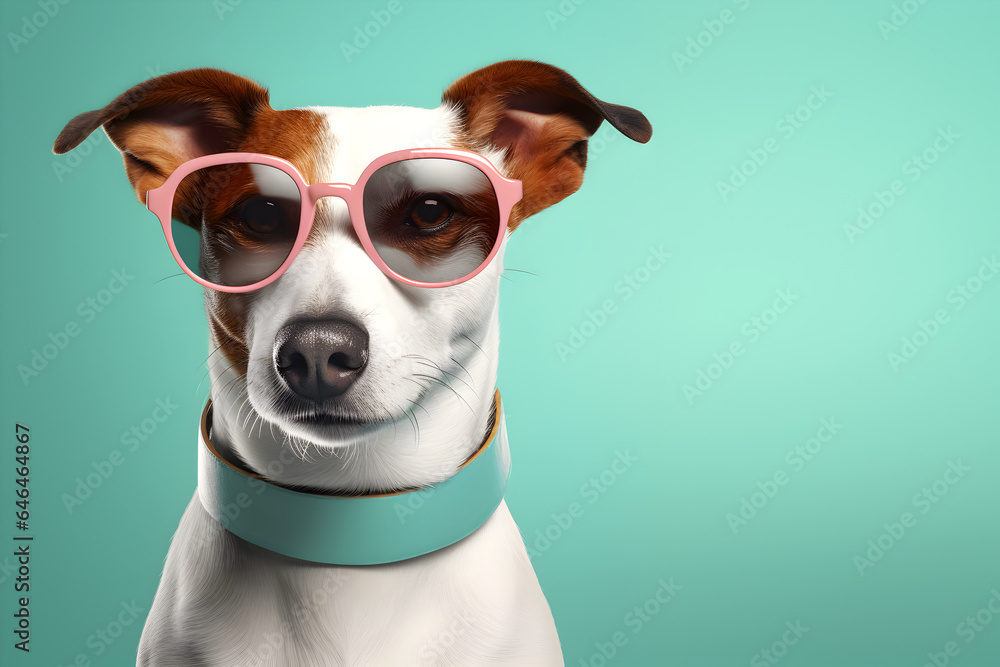 Creative animal concept. Russel Terrier dog puppy in sunglass shade glasses isolated on solid pastel background, commercial, editorial advertisement, surreal surrealism