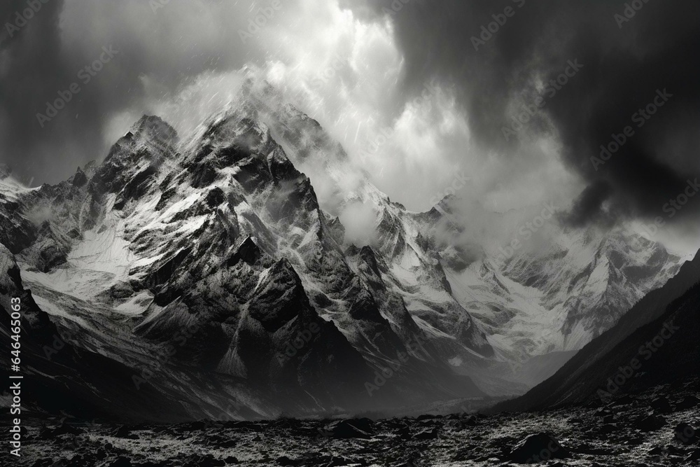 Alpine landscape with snowy peaks and menacing sky. Generative AI