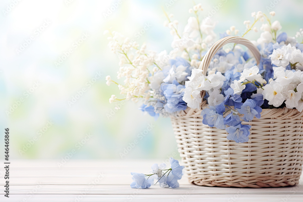 Blue   flowers in a basket, place for a text 