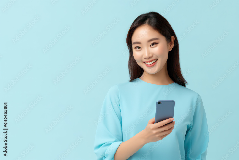 Youthful Asian Woman in Blue Shirt Holds Smartphone with Vibrant Energy - Modern Lifestyle and Connectivity Concept Youthful Asian Woman in Blue Shirt Holds Smartphone with Vibrant Energy - Modern Lifestyle and Connectivity Concept