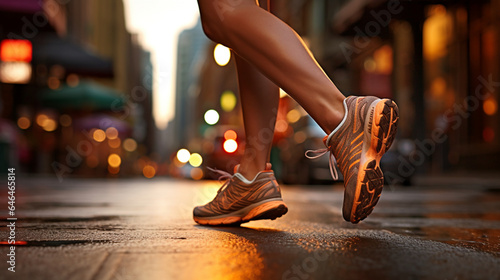 A woman's feet in running shoes on a city background photo