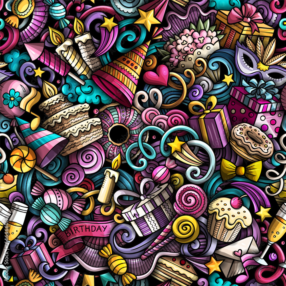 Cartoon doodles Happy Birthday seamless pattern Cartoon doodles Happy Birthday seamless pattern