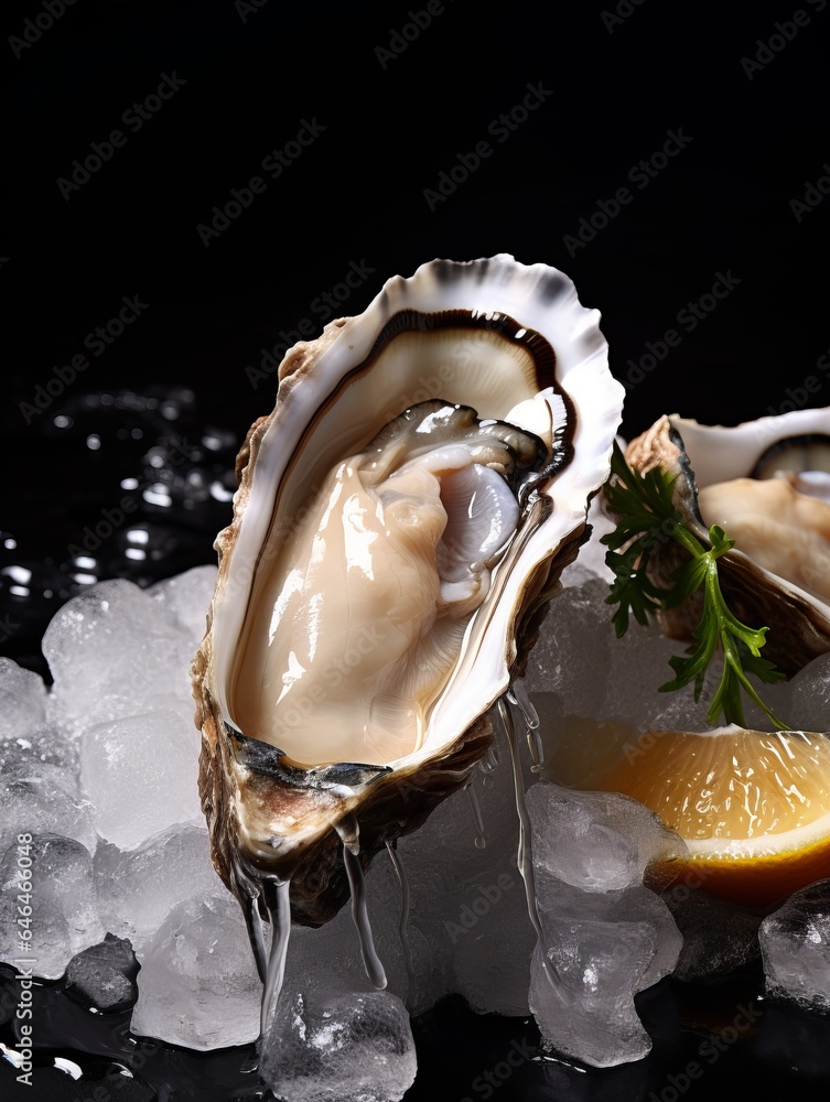Photo of a delicious plate of fresh oysters served on ice with a refreshing lemon wedge created with Generative AI technology Photo of a delicious plate of fresh oysters served on ice with a refreshing lemon wedge created with Generative AI technology