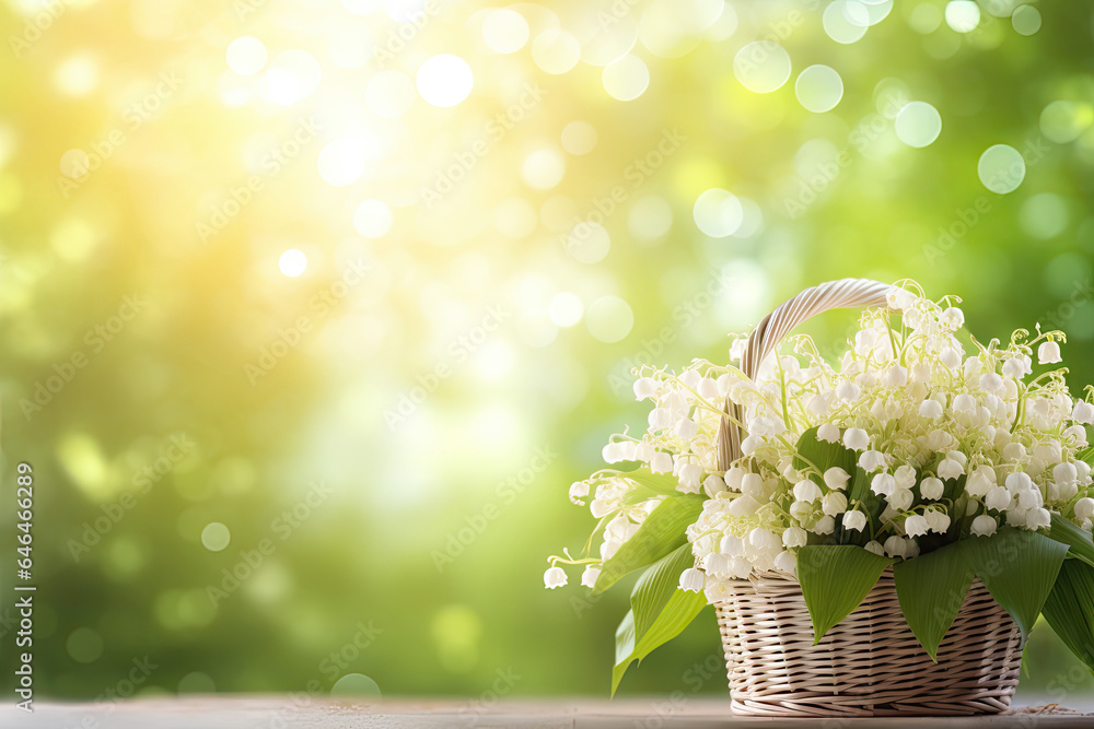 Lilly of the valley  flowers in a basket, place for a text 