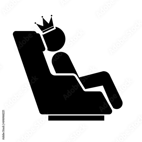 Crowned passenger sitting in a first class seat on an airplane. Vector.