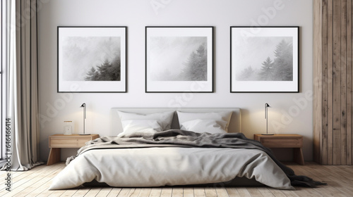 interior design, bedroom with white bed, frames mockup