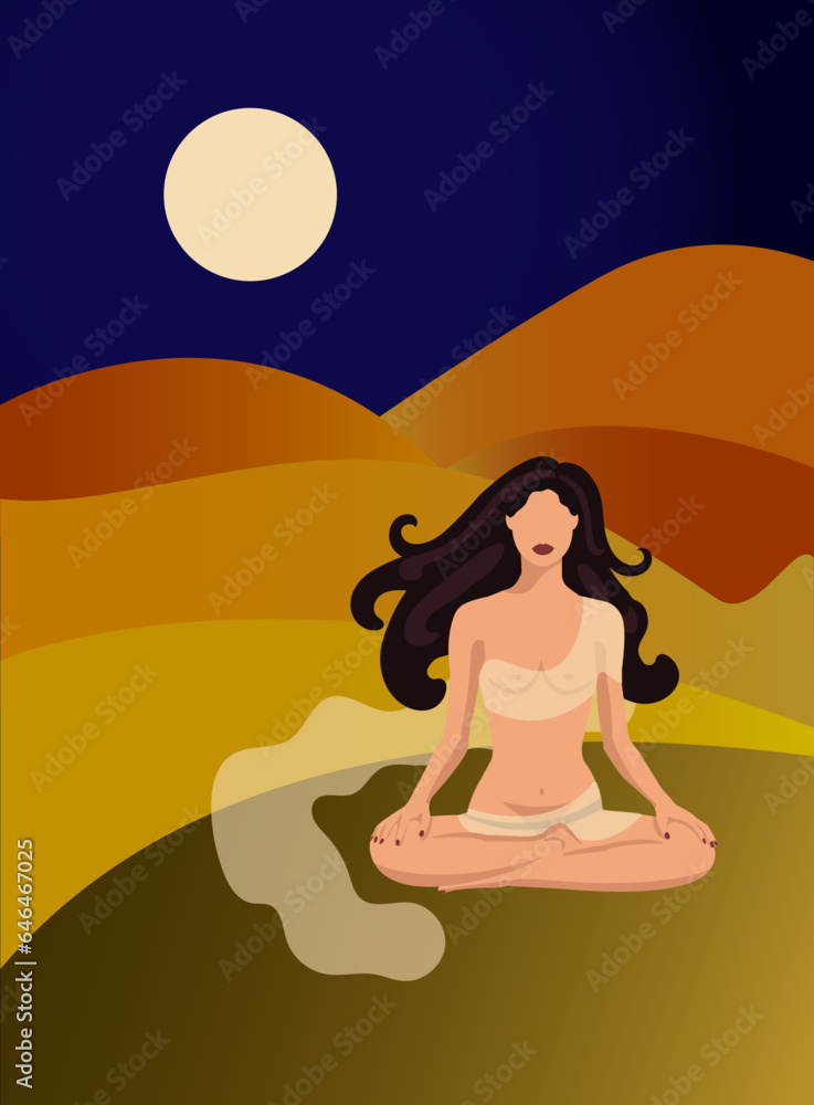 A beautiful girl with long hair in transparent clothes sits in the desert in the lotus position at night. Vector.