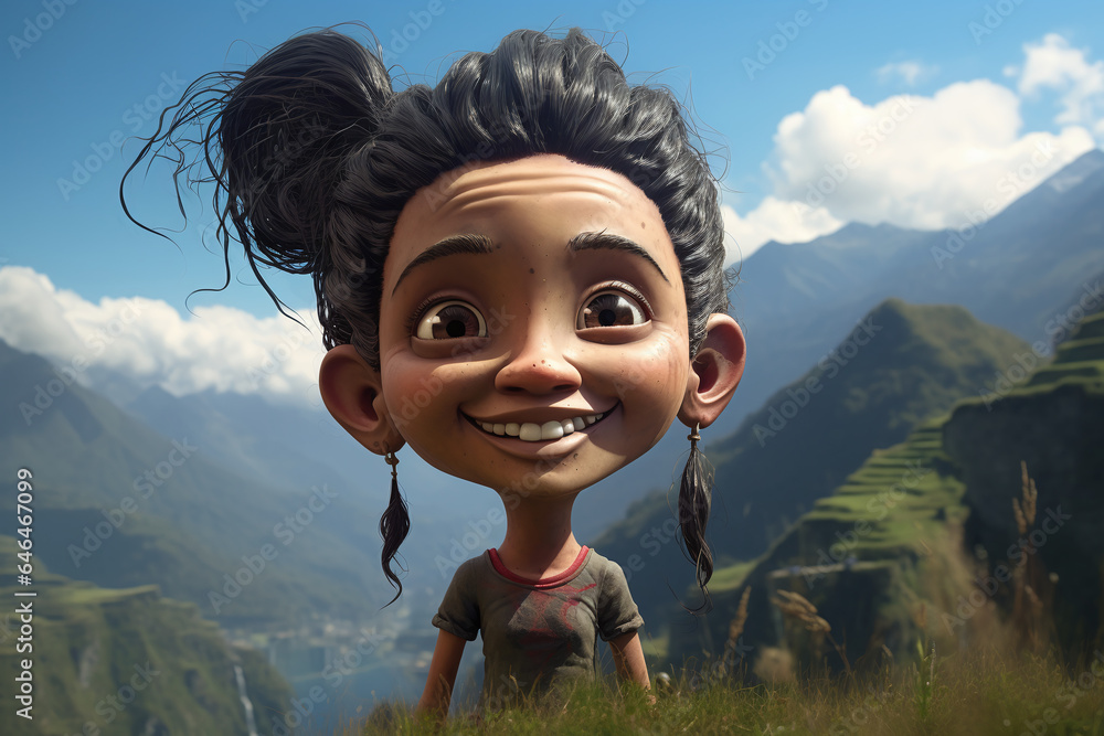 Naklejka premium Jeune fille du Népal style cartoon caricature (Asie) » IA générative