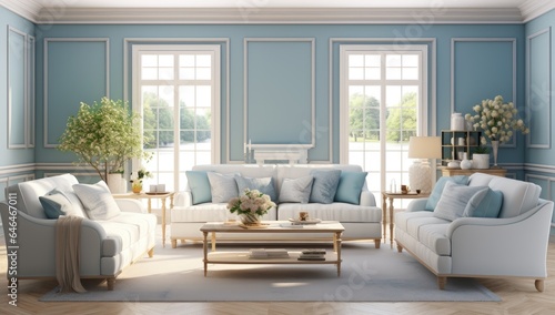 a beautiful living room with blue walls Generative AI © SKIMP Art