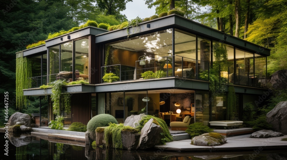 Modern house with green moss walls next to a beautiful garden