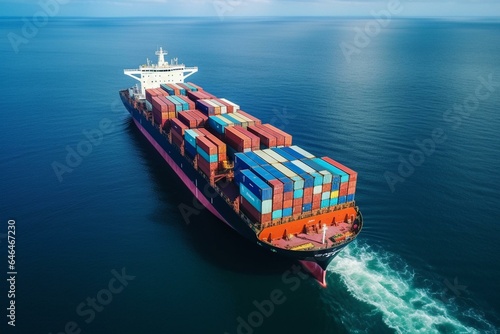 Top view of cargo ship with containers in ocean. Concept of export, import, logistic shipping. Generative AI