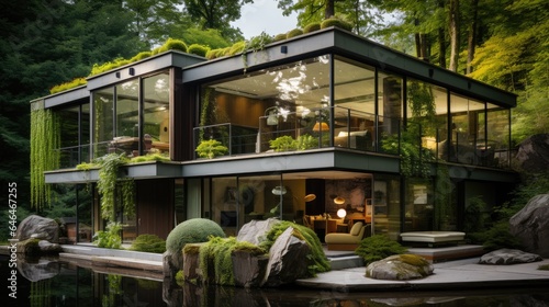 Modern house with green moss walls next to a beautiful garden