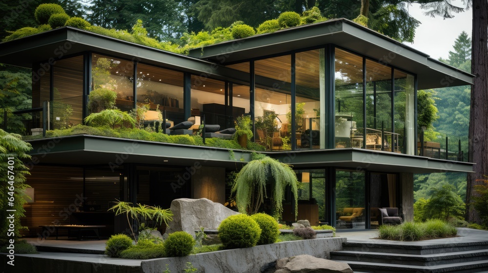 Modern house with green moss walls next to a beautiful garden Modern house with green moss walls next to a beautiful garden
