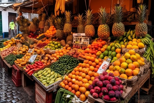 Colorful assortment of tropical fruits and vegetables in an open-air market in Funchal, Madeira, Portugal. Generative AI