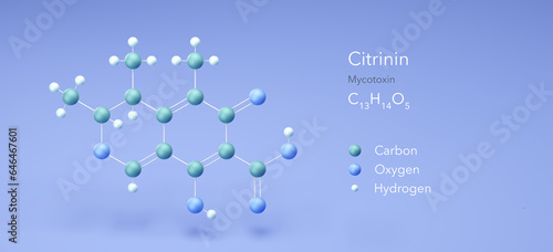 citrinin molecule, molecular structures, mycotoxin, 3d model, Structural Chemical Formula and Atoms with Color Coding photo