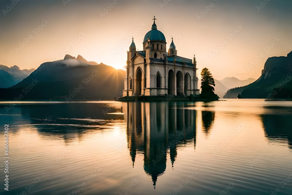 church surrounded by the lake
