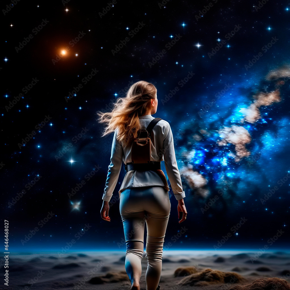 Girl against the backdrop of space.