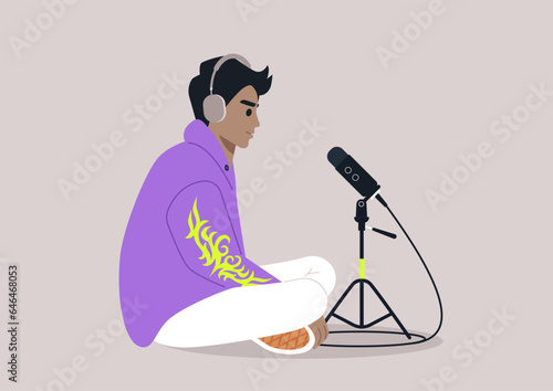 A young podcaster in a Y2K aesthetics hoodie recording the next episode of the show, They sit confidently in front of a high-quality microphone, poised to deliver engaging content to their audience