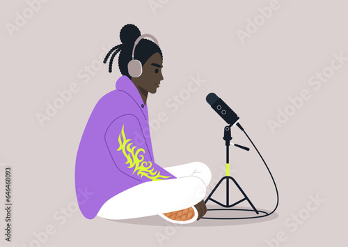 A young podcaster in a Y2K aesthetics hoodie recording the next episode of the show, They sit confidently in front of a high-quality microphone, poised to deliver engaging content to their audience