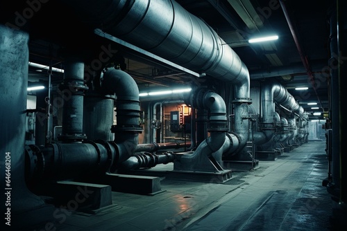 An image of a long exhaust pipe in the underground technical chamber of a massive building. Generative AI