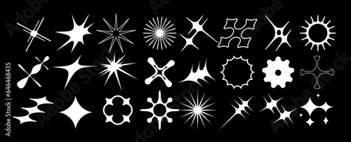 Set of geometric logos space explosion, dazzling flash. Modern bold brutalist objects and shapes of the sun and stars. Colorful minimalistic figures silhouettes. Contemporary design.