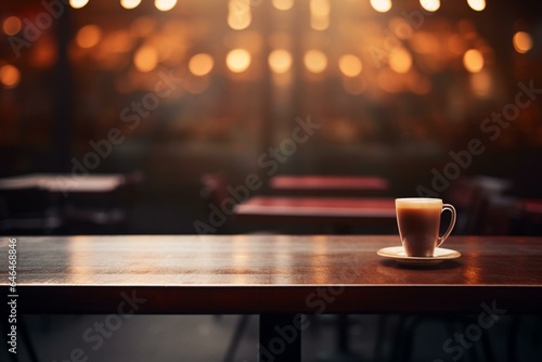 Blurry caf   table on dark background. Generative AI