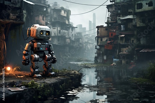 An undead panda bot wanders through a desolate futuristic urban slum, creating a haunting illustration. Generative AI