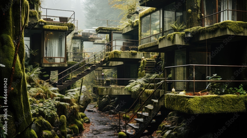 mossy modern houses abandoned in the city