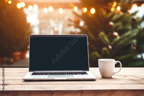 Laptop mit leerem Bildschirm auf einem Holztisch vor verschwommenem Weihnachtsbaum Hintergrund und einer weißen Tasse Kaffee oder Tee mit Platz für Werbung und Text