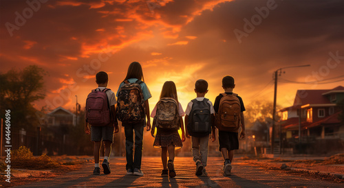 Back view of teenage child with backpacks walking