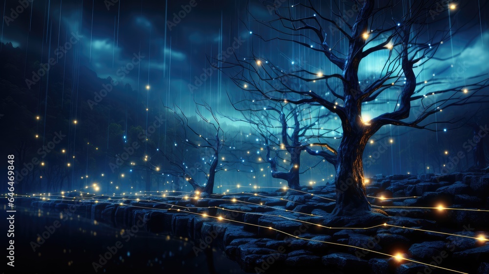 network connection technology and data flowing in tree trunks blue cyber polygons with futuristic elements network connection technology and data flowing in tree trunks blue cyber polygons with futuristic elements