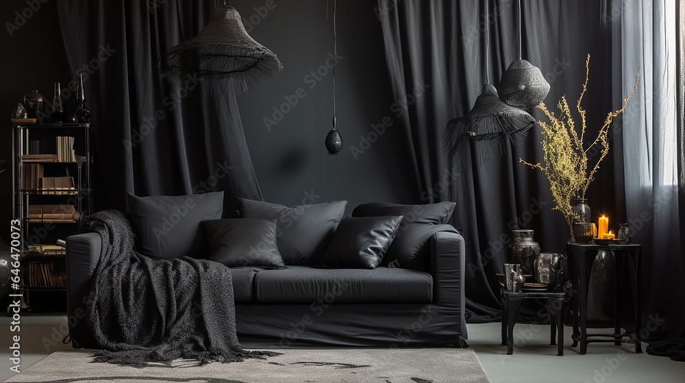 Czarny pokój z sofą zasłonami i poduszkami - obrazy, fototapety, plakaty 