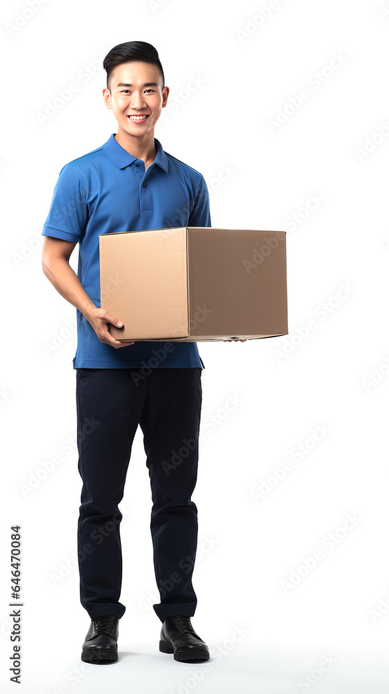 Professional smiling cheerful courier, Asian nationality, wears a blue uniform and holds a box in his hands. Full length portrait. Professional smiling cheerful courier, Asian nationality, wears a blue uniform and holds a box in his hands. Full length portrait.
