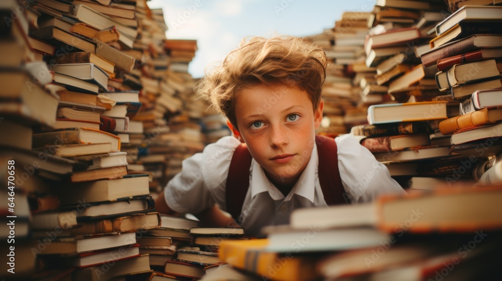 A little Caucasian boy among stacks of books A little Caucasian boy among stacks of books