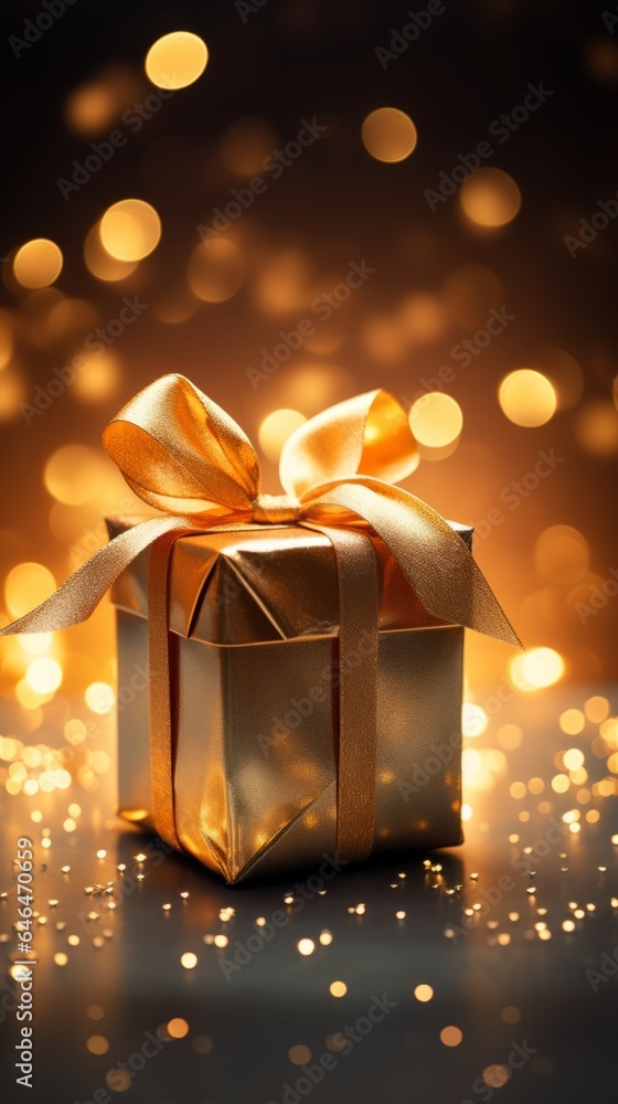 Photo of a beautifully wrapped gold Christmas gift box with a luxurious gold bow on a table created with Generative AI technology Photo of a beautifully wrapped gold Christmas gift box with a luxurious gold bow on a table created with Generative AI technology