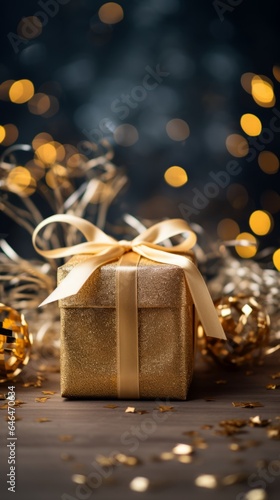Photo of a beautifully wrapped gold Christmas gift box with a luxurious gold bow on a table created with Generative AI technology
