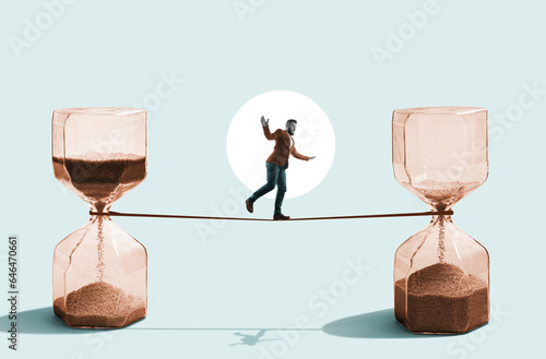Slika na platnu A man balances on a tightrope between an hourglass. Art collage.