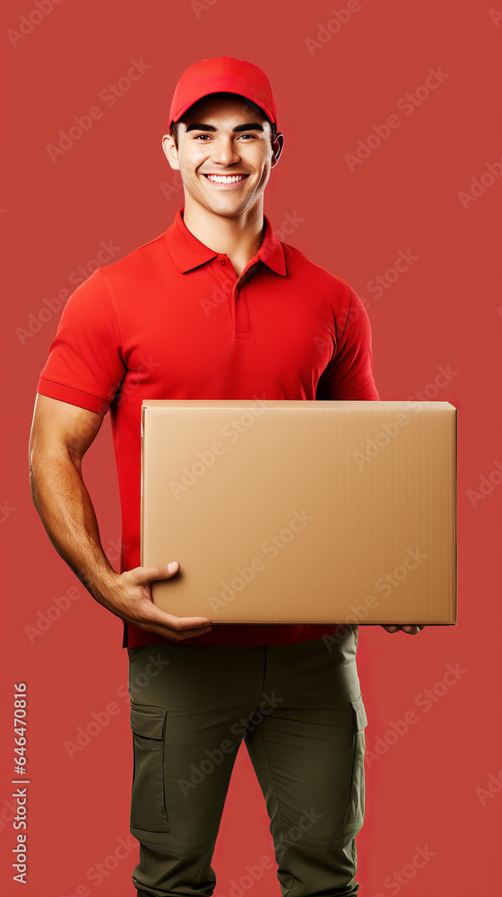 Professional smiling cheerful courier, Asian nationality, wears a red uniform and holds a box in his hands. Full length portrait. Professional smiling cheerful courier, Asian nationality, wears a red uniform and holds a box in his hands. Full length portrait.