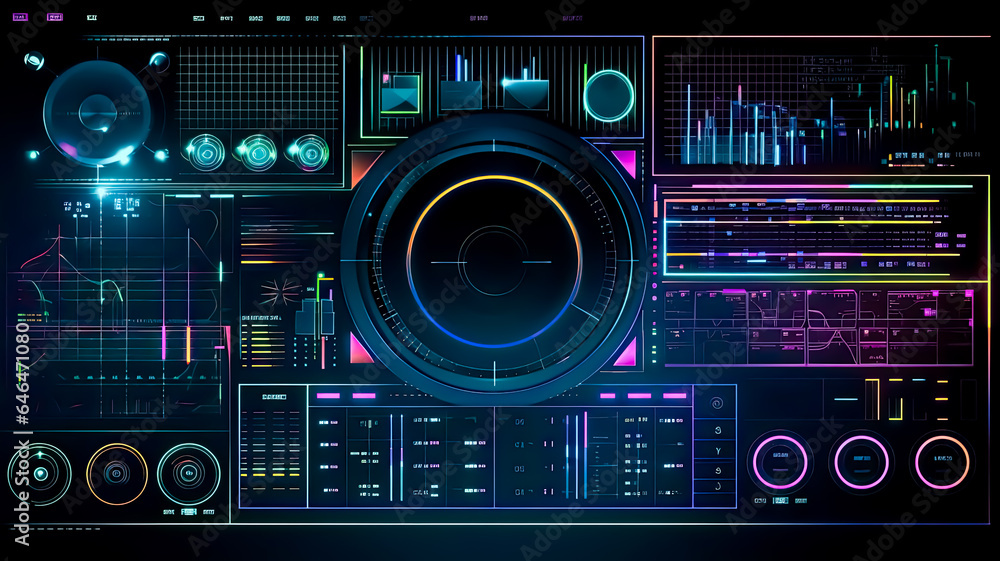 DJ Audio Equipment in neon futuristic light details for Electronic Music banner poster, Generative AI