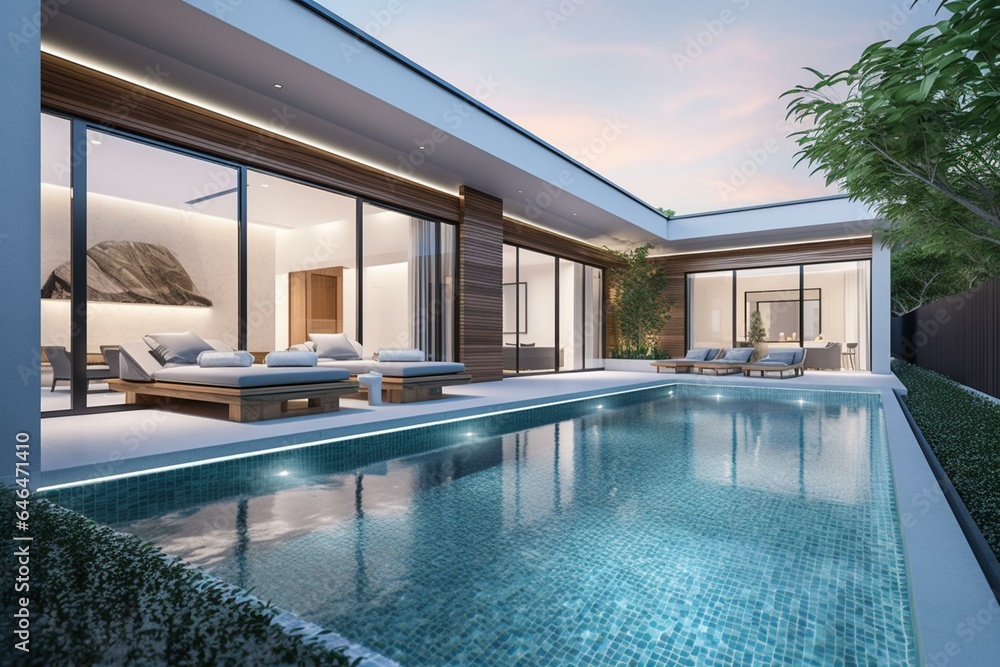 Stunning modern 3D art illustrating a luxurious pool villa with contemporary design, ideal for real estate properties and home enthusiasts. Generative AI