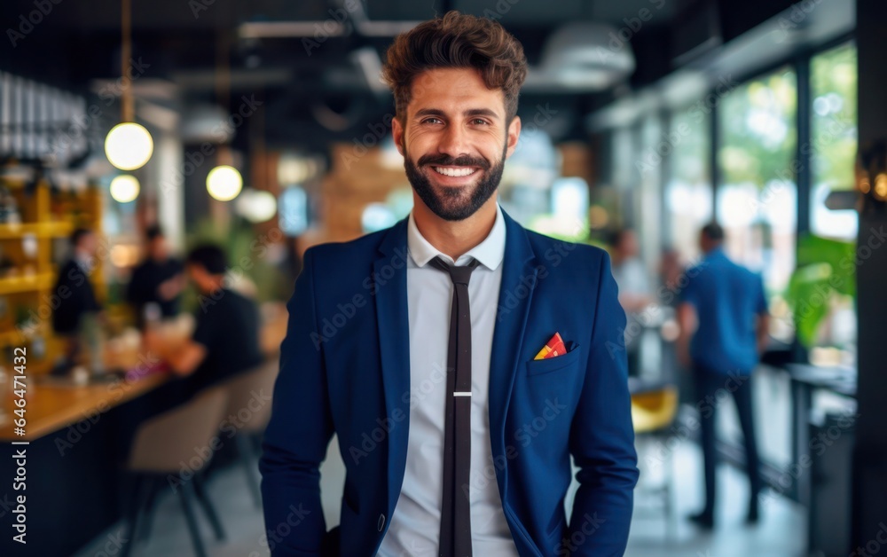 Businessman look happy moment in office background Businessman look happy moment in office background