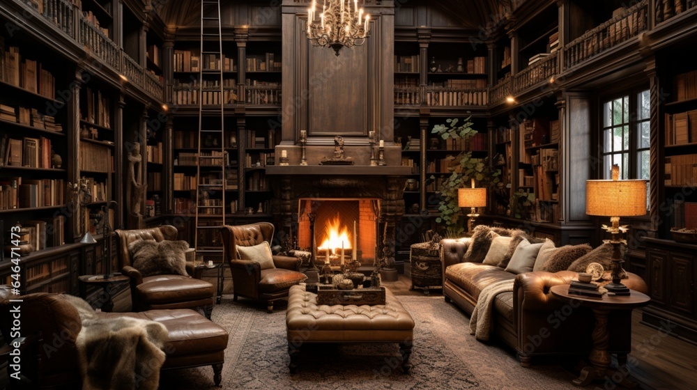 A home library with floor-to-ceiling bookshelves and a cozy fireplace - obrazy, fototapety, plakaty 