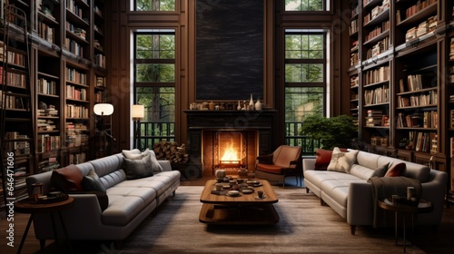 A home library with floor-to-ceiling bookshelves and a cozy fireplace