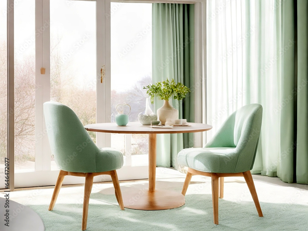 Two barrel chairs and round wooden coffee table against window interior design of modern living room. Created with generative AI Two barrel chairs and round wooden coffee table against window interior design of modern living room. Created with generative AI