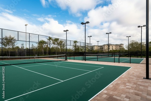 Outdoor sports facility with designated areas for playing pickleball. Generative AI © Reuben