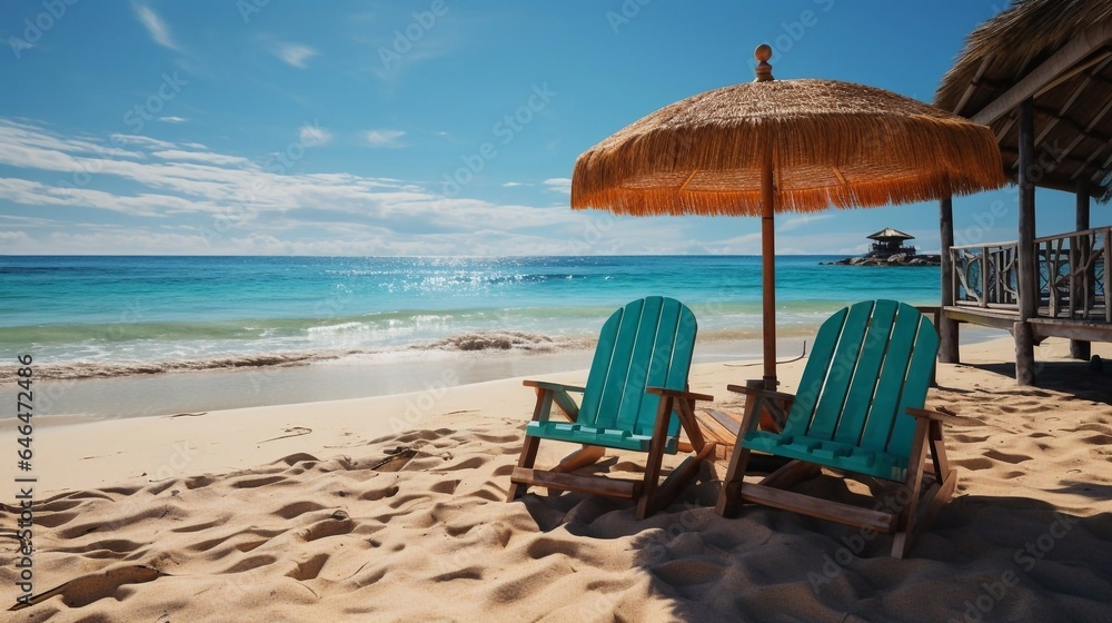 Tropical beach. Two wooden armchairs and umbrella. Vacation Resort concept.