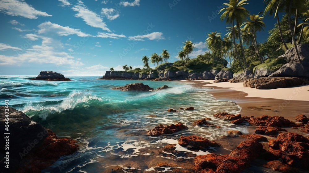 Beautiful Beach with palm trees. Vacation and Travel concept.